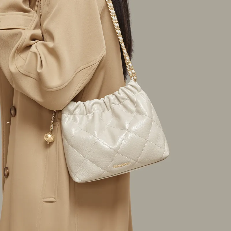 CinvaiKrose Cow Leather With Synthetic Leather Shoulder Bag, Bucket Bag Small Size Women's Beige Apricot/Black-1