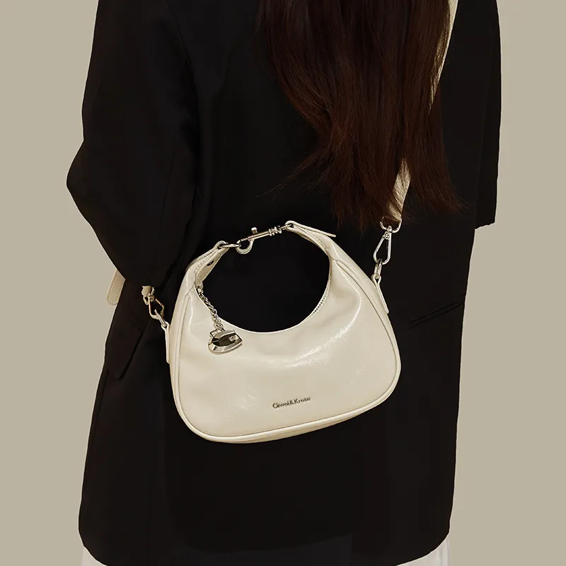 CinvaiKrose Cow Leather Half Crescent Bag, Shoulder Bag, Crossbody Bag, Handbag Small Size Women's Ecru/Silver/Black-4
