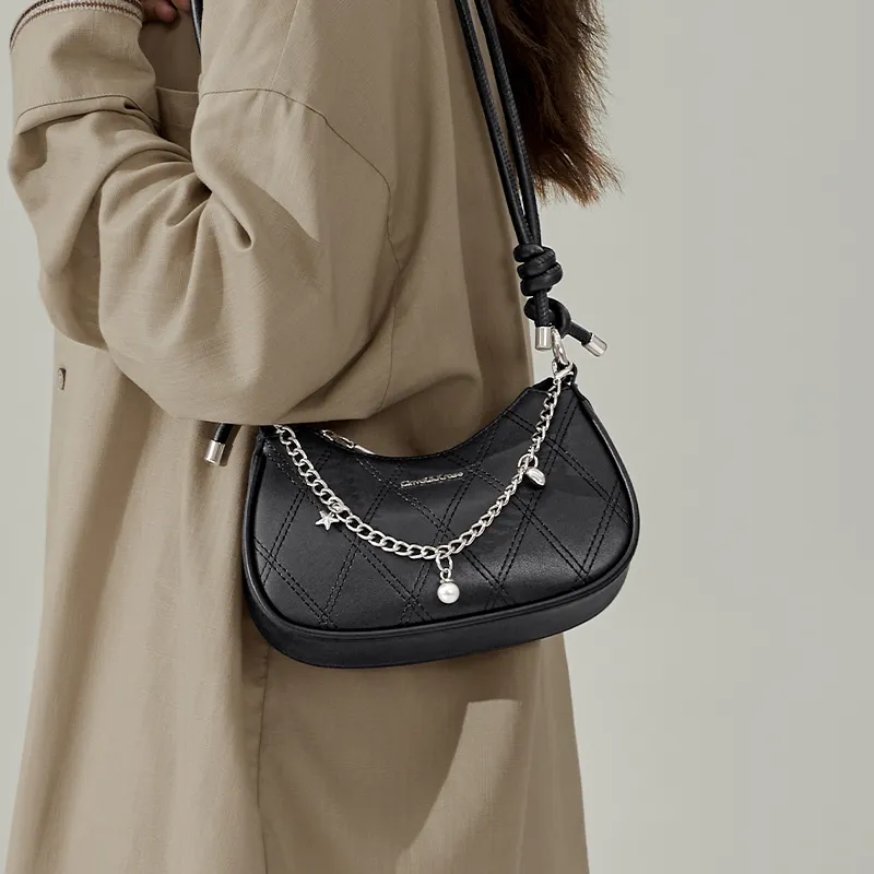 CinvaiKrose Synthetic Leather Crescent Bag Shoulder Bag Trumpets Women's Cream White/Black-6
