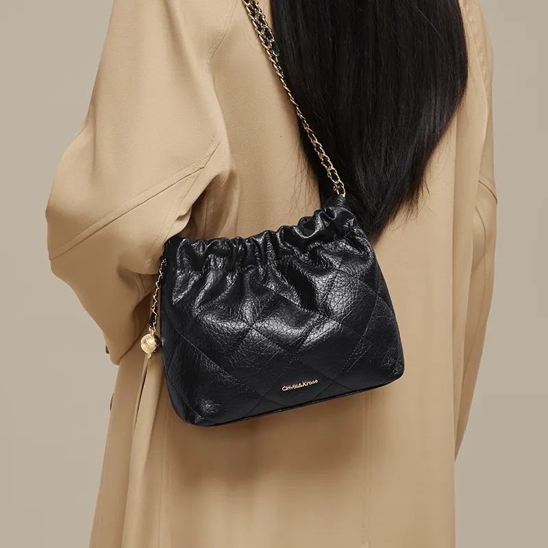 CinvaiKrose Cow Leather With Synthetic Leather Shoulder Bag, Bucket Bag Small Size Women's Beige Apricot/Black-7