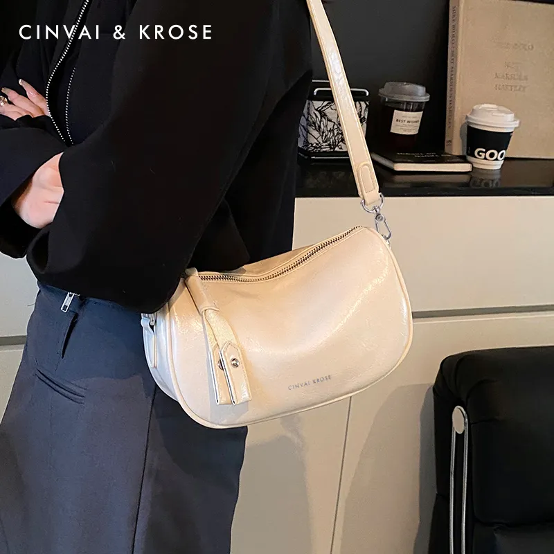 CinvaiKrose Synthetic Leather Shoulder Bag, Crossbody Bag New Moon Dumpling Bag Trumpets Women's Ecru/Black-2