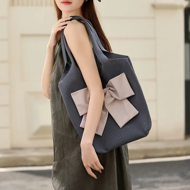 CinvaiKrose Fabric Tote Bag, Shopping Bag, Shoulder Bag Large Size Women's Ecru/Gray Blue-5