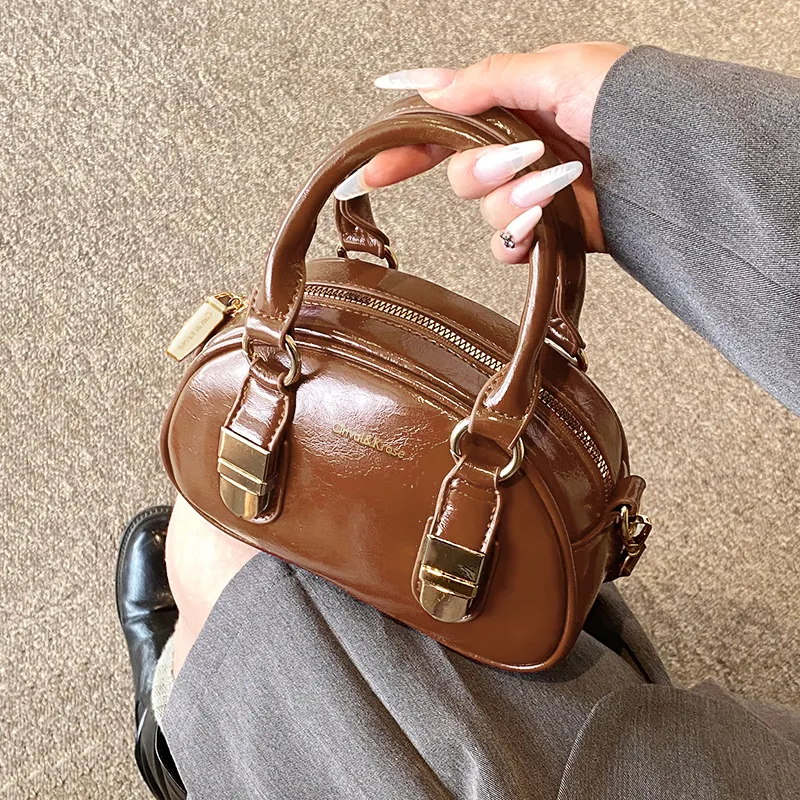 CinvaiKrose Cow Leather With Synthetic Leather Shoulder Bag, Crossbody Bag, Handbag Small Size Women's Brown/Black-1