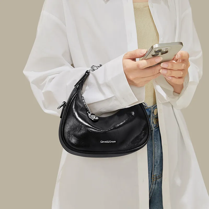 CinvaiKrose Cow Leather Half Crescent Bag, Shoulder Bag, Crossbody Bag, Handbag Small Size Women's Ecru/Silver/Black-10