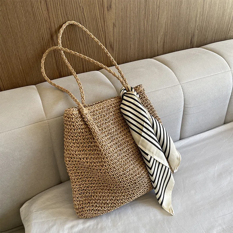 CinvaiKrose Straw Woven Shoulder Bag, Handbag, Tote Bag, Tote, Shopping Bag Large Size Women's Khaki/Beige-1