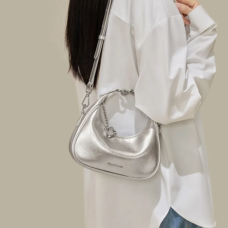 CinvaiKrose Cow Leather Half Crescent Bag, Shoulder Bag, Crossbody Bag, Handbag Small Size Women's Ecru/Silver/Black-7