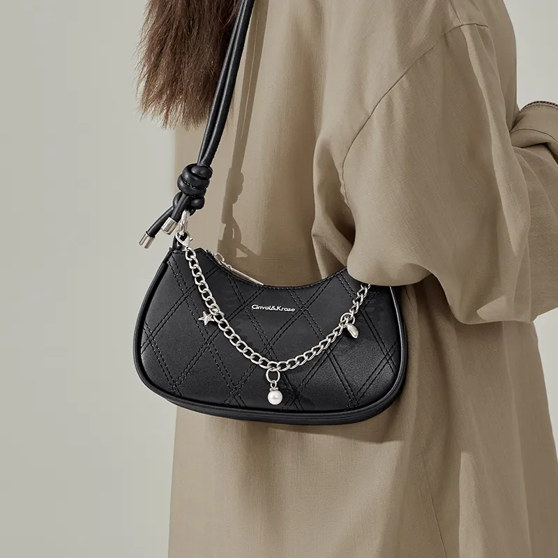 CinvaiKrose Synthetic Leather Crescent Bag Shoulder Bag Trumpets Women's Cream White/Black-7