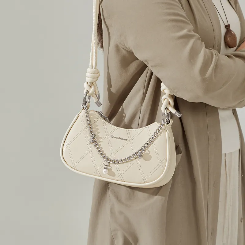CinvaiKrose Synthetic Leather Crescent Bag Shoulder Bag Trumpets Women's Cream White/Black-3