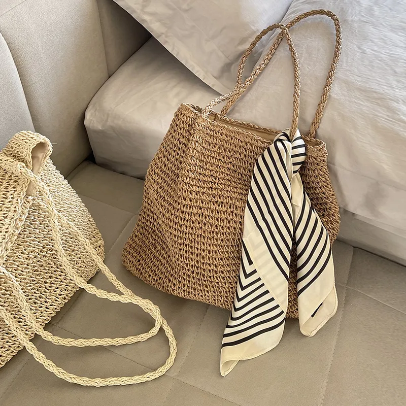CinvaiKrose Straw Woven Shoulder Bag, Handbag, Tote Bag, Tote, Shopping Bag Large Size Women's Khaki/Beige-3