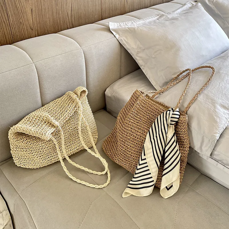 CinvaiKrose Straw Woven Shoulder Bag, Handbag, Tote Bag, Tote, Shopping Bag Large Size Women's Khaki/Beige-2