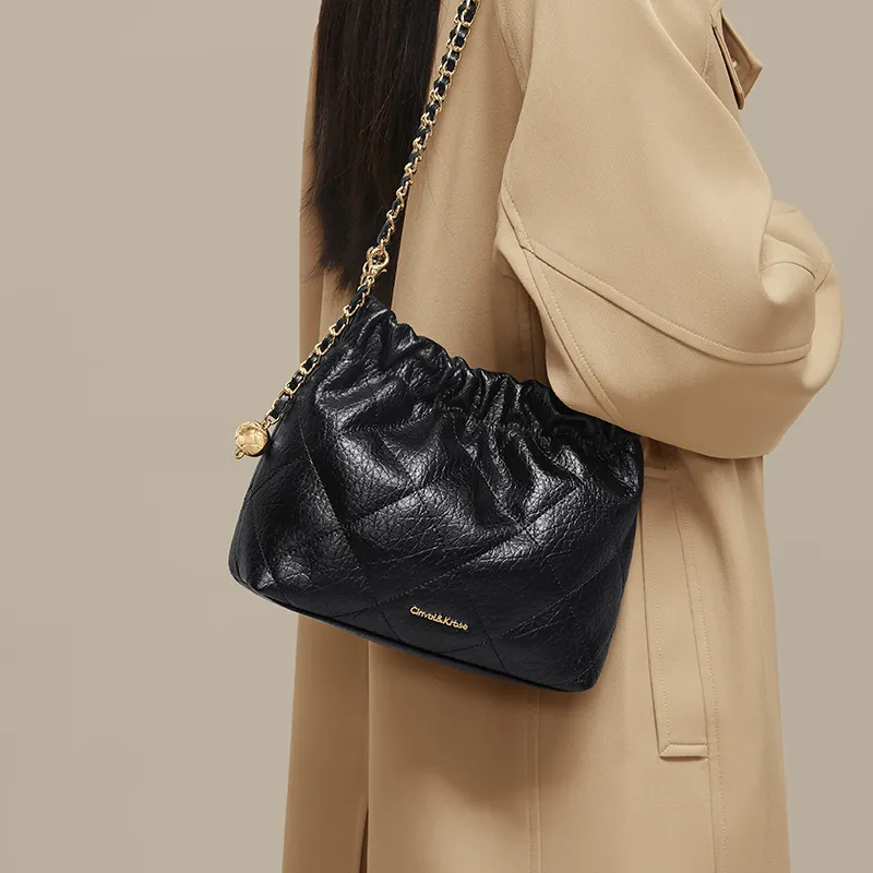 CinvaiKrose Cow Leather With Synthetic Leather Shoulder Bag, Bucket Bag Small Size Women's Beige Apricot/Black-5