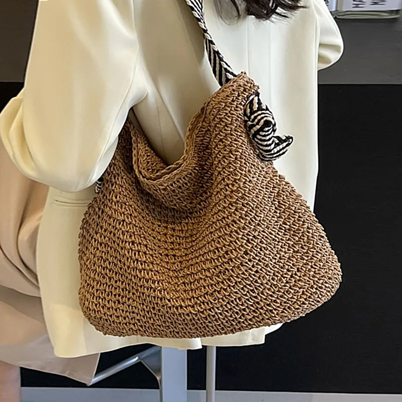 CinvaiKrose Paper Weaving Straw Woven Shoulder Bag, Tote, Portable Tote, Shopping Bag Large Size Women's Multicolor-1