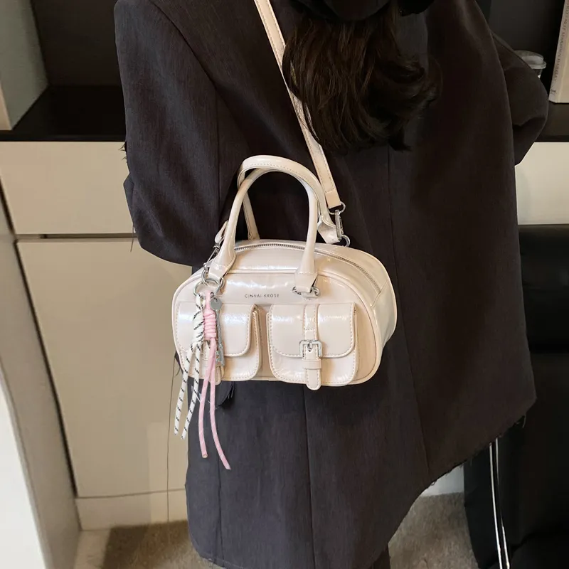 CinvaiKrose Synthetic Leather Bowling Bag, Shoulder Bag, Crossbody Bag, Handbag Small Size Women's Ecru/Pink/Black-2