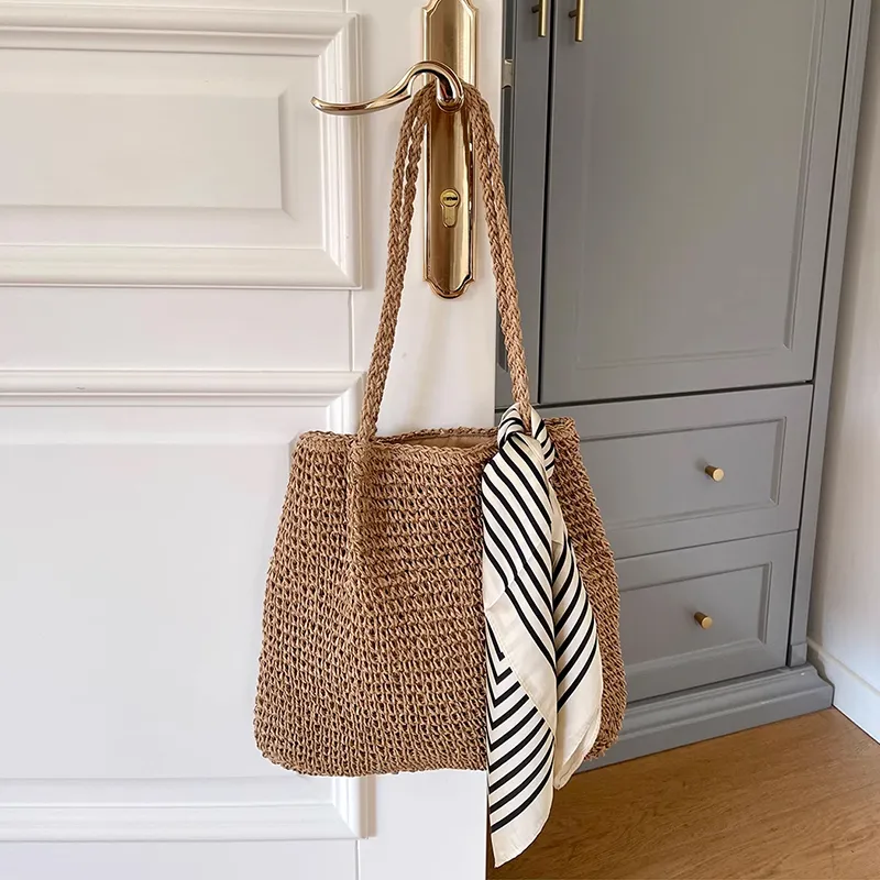CinvaiKrose Straw Woven Shoulder Bag, Handbag, Tote Bag, Tote, Shopping Bag Large Size Women's Khaki/Beige-4
