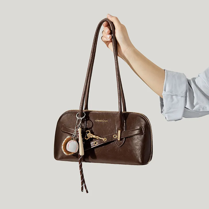 CinvaiKrose Cow Leather With Synthetic Leather Bowling Bag Pillow Bag Shoulder Bag Large Size Women's Brown/Coffee-5