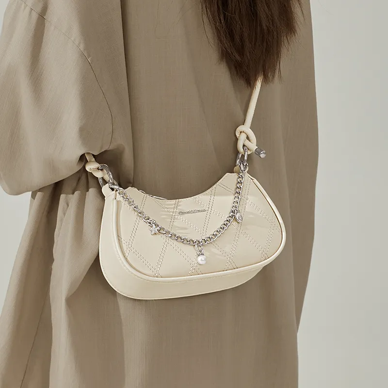 CinvaiKrose Synthetic Leather Crescent Bag Shoulder Bag Trumpets Women's Cream White/Black-2