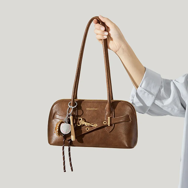 CinvaiKrose Cow Leather With Synthetic Leather Bowling Bag Pillow Bag Shoulder Bag Large Size Women's Brown/Coffee-2
