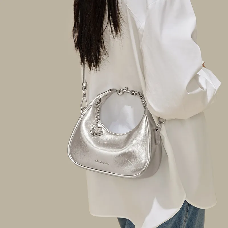 CinvaiKrose Cow Leather Half Crescent Bag, Shoulder Bag, Crossbody Bag, Handbag Small Size Women's Ecru/Silver/Black-6