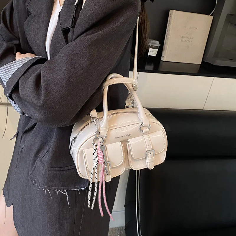 CinvaiKrose Synthetic Leather Bowling Bag, Shoulder Bag, Crossbody Bag, Handbag Small Size Women's Ecru/Pink/Black-3