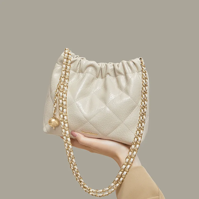CinvaiKrose Cow Leather With Synthetic Leather Shoulder Bag, Bucket Bag Small Size Women's Beige Apricot/Black-2