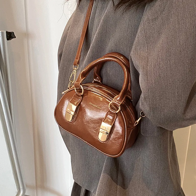 CinvaiKrose Cow Leather With Synthetic Leather Shoulder Bag, Crossbody Bag, Handbag Small Size Women's Brown/Black-3