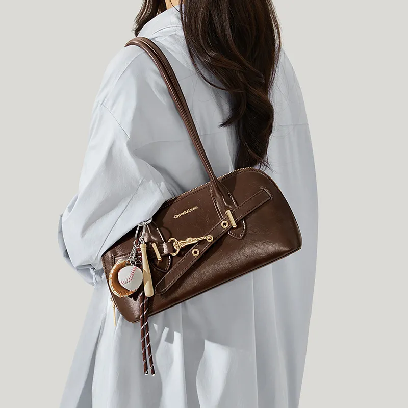 CinvaiKrose Cow Leather With Synthetic Leather Bowling Bag Pillow Bag Shoulder Bag Large Size Women's Brown/Coffee-6