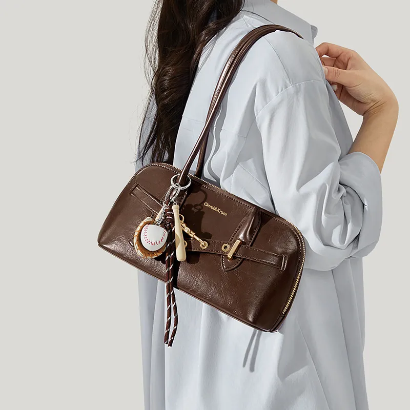 CinvaiKrose Cow Leather With Synthetic Leather Bowling Bag Pillow Bag Shoulder Bag Large Size Women's Brown/Coffee-4