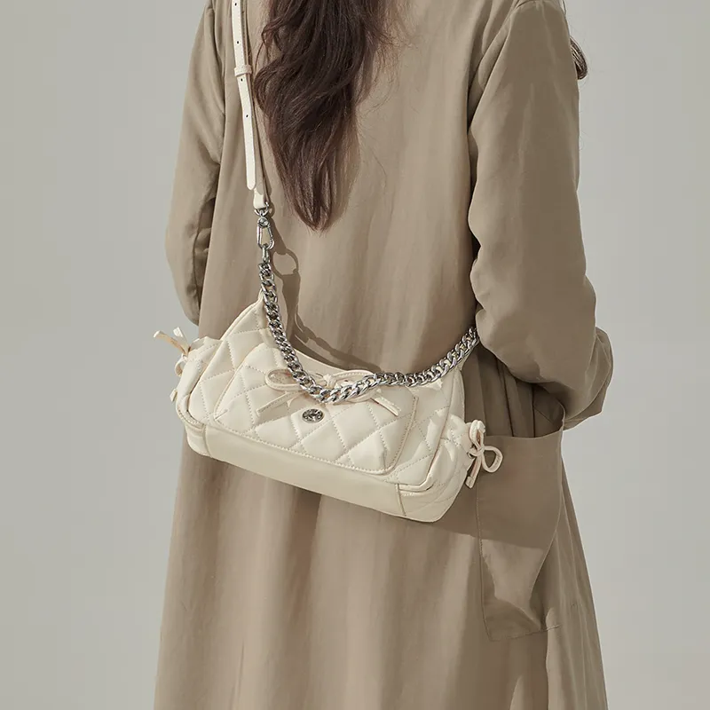 CinvaiKrose Synthetic Leather Shoulder Bag, Crossbody Bag, Portable Shoulder Bag Trumpets Women's Cream White/Black-3