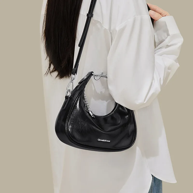 CinvaiKrose Cow Leather Half Crescent Bag, Shoulder Bag, Crossbody Bag, Handbag Small Size Women's Ecru/Silver/Black-11