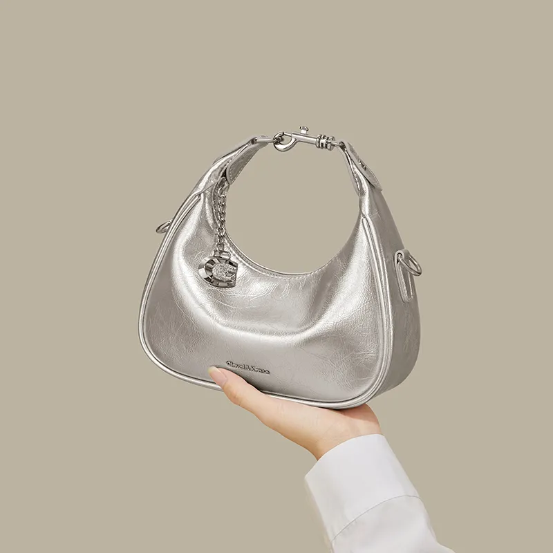 CinvaiKrose Cow Leather Half Crescent Bag, Shoulder Bag, Crossbody Bag, Handbag Small Size Women's Ecru/Silver/Black-8