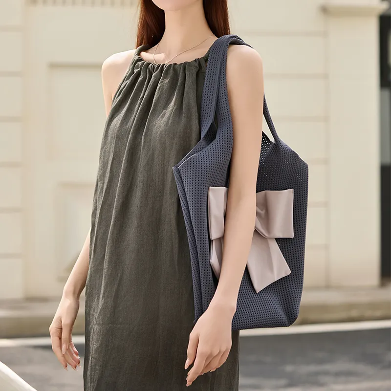 CinvaiKrose Fabric Tote Bag, Shopping Bag, Shoulder Bag Large Size Women's Ecru/Gray Blue-6