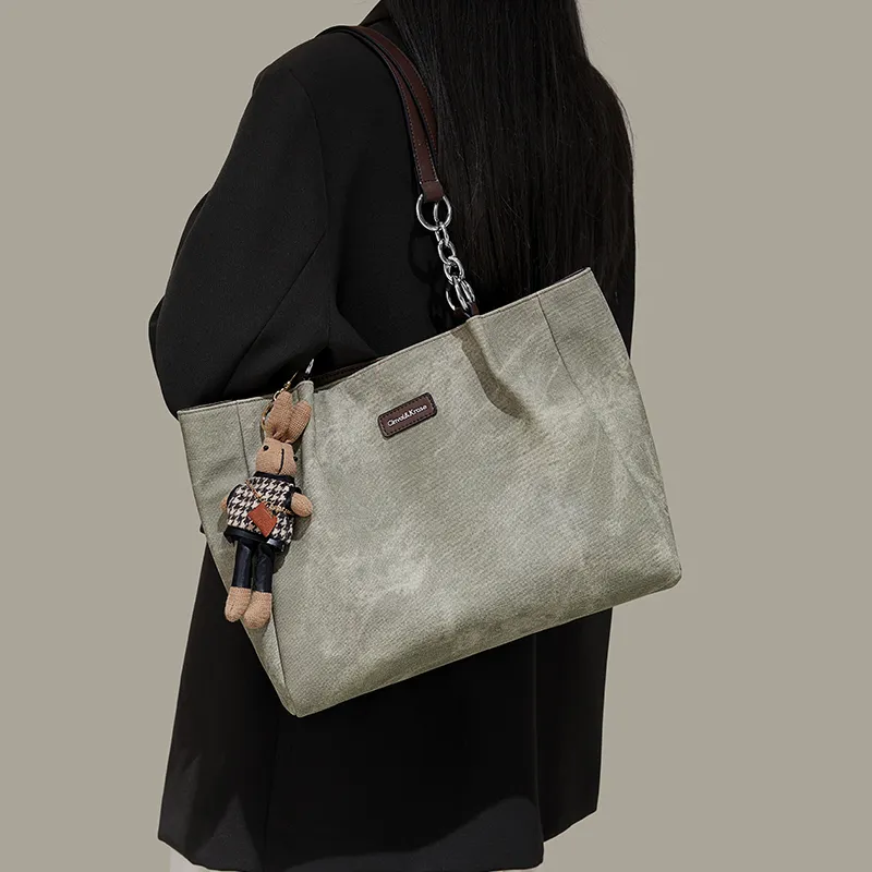 CinvaiKrose PU Female University Student Tote Shoulder Bag, Portable Tote, Shopping Bag Tubas Women's Light Khaki-2