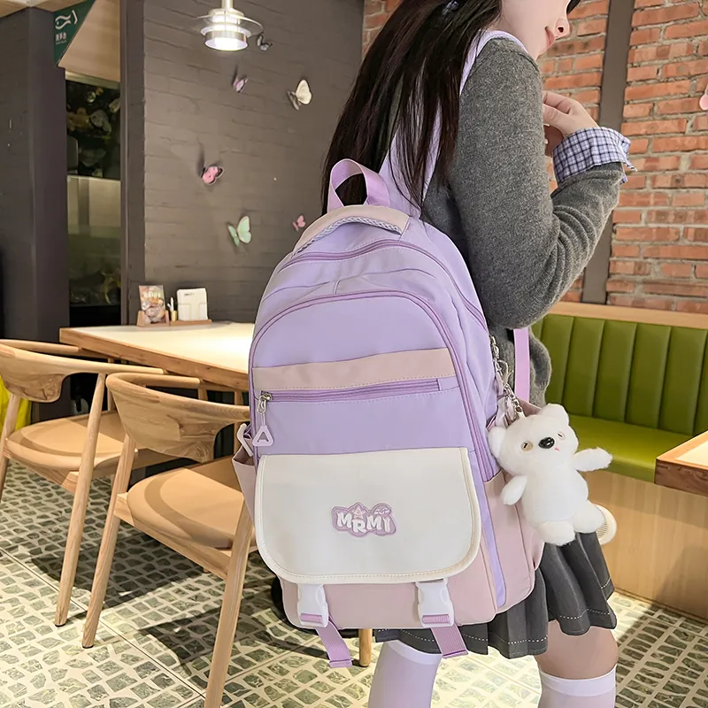 Travel Nylon Backpack Regular Unisex Black/Purple With Pink/Blue With Yellow/Brown With Khaki-7