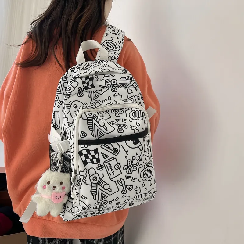 Travel Nylon Backpack Unisex Black White/Multicolor-6