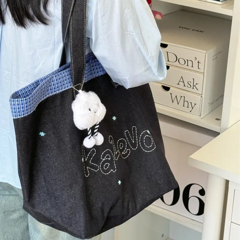 Travel Denim Tote Bag, Shopping Bag, Shoulder Bag Unisex Denim Blue-4
