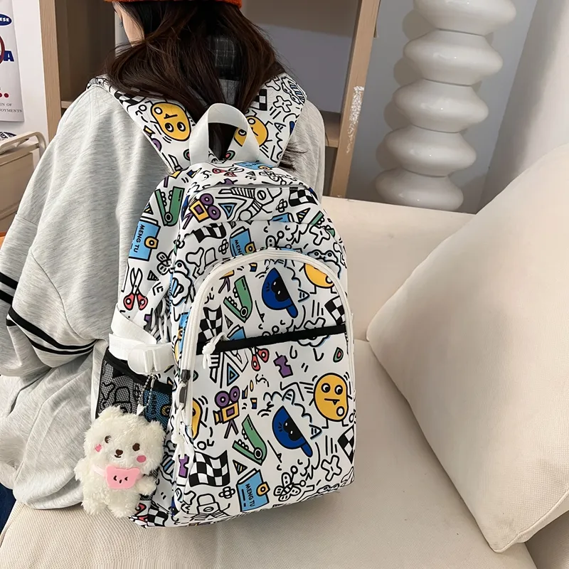 Travel Nylon Backpack Unisex Black White/Multicolor-11