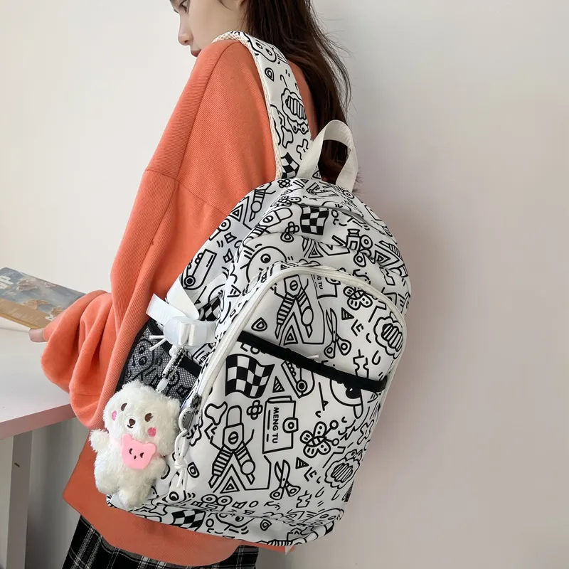 Travel Nylon Backpack Unisex Black White/Multicolor-3