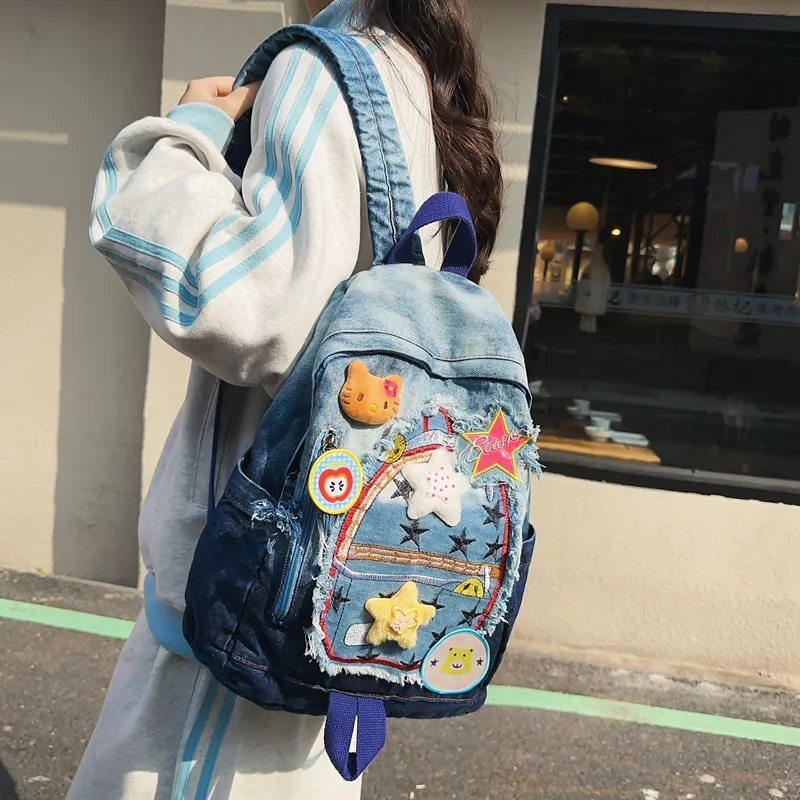 Travel Denim Backpack Unisex Blue-3