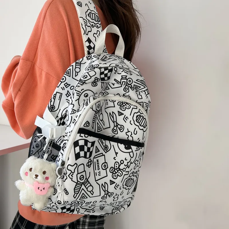 Travel Nylon Backpack Unisex Black White/Multicolor-2