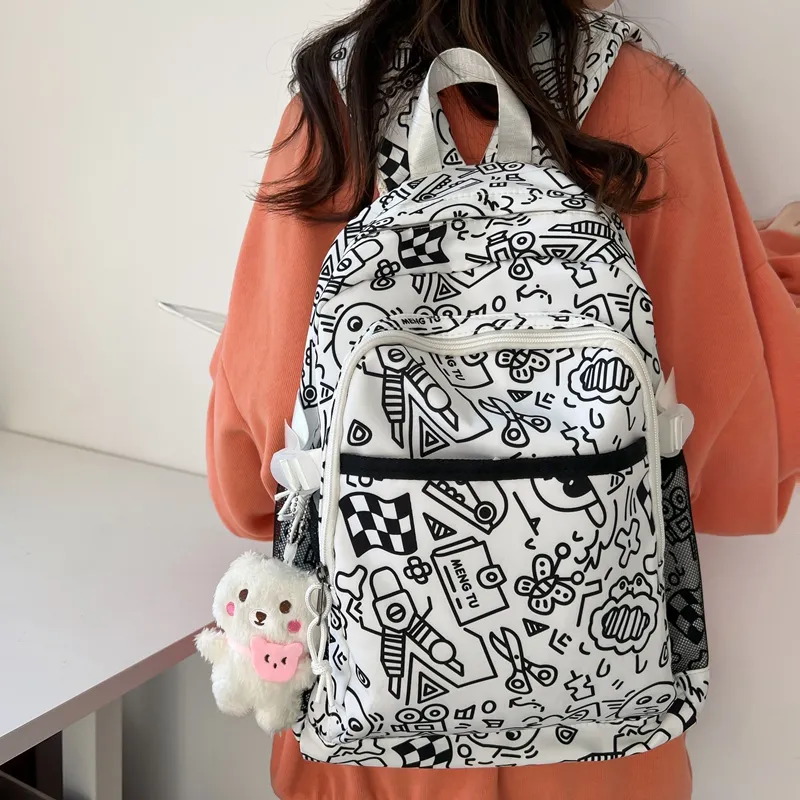 Travel Nylon Backpack Unisex Black White/Multicolor-5