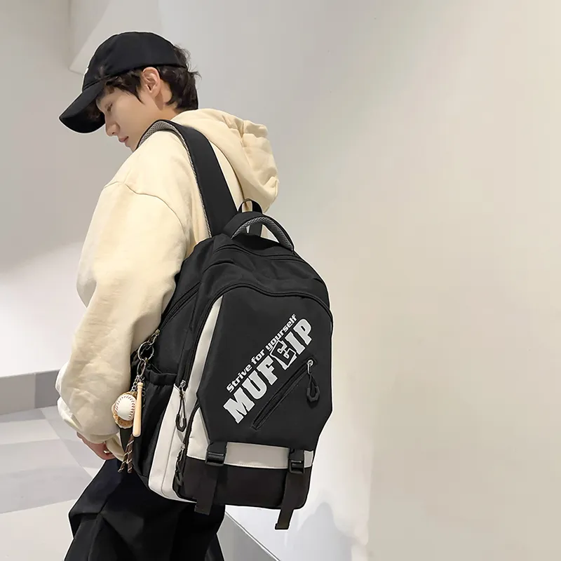 Travel Nylon Backpack Unisex Black/White/Red-1