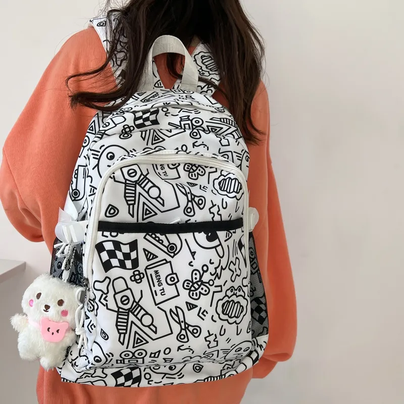 Travel Nylon Backpack Unisex Black White/Multicolor-4