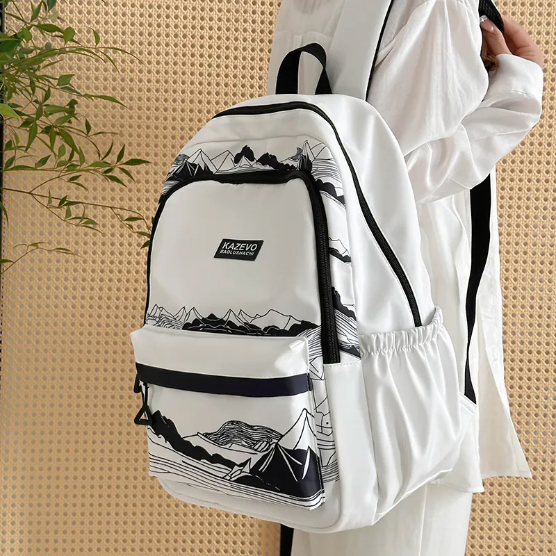 Travel Polyester Backpack Regular Women's Black/White-10