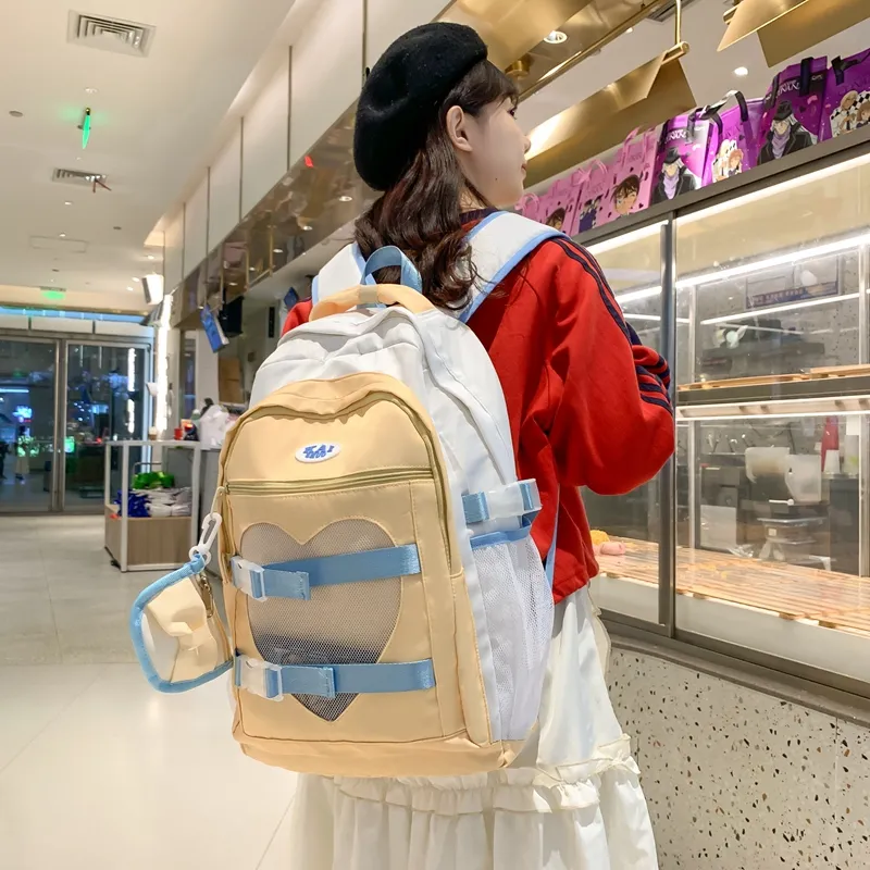 Travel Nylon Backpack Unisex Pink/Beige Yellow-8