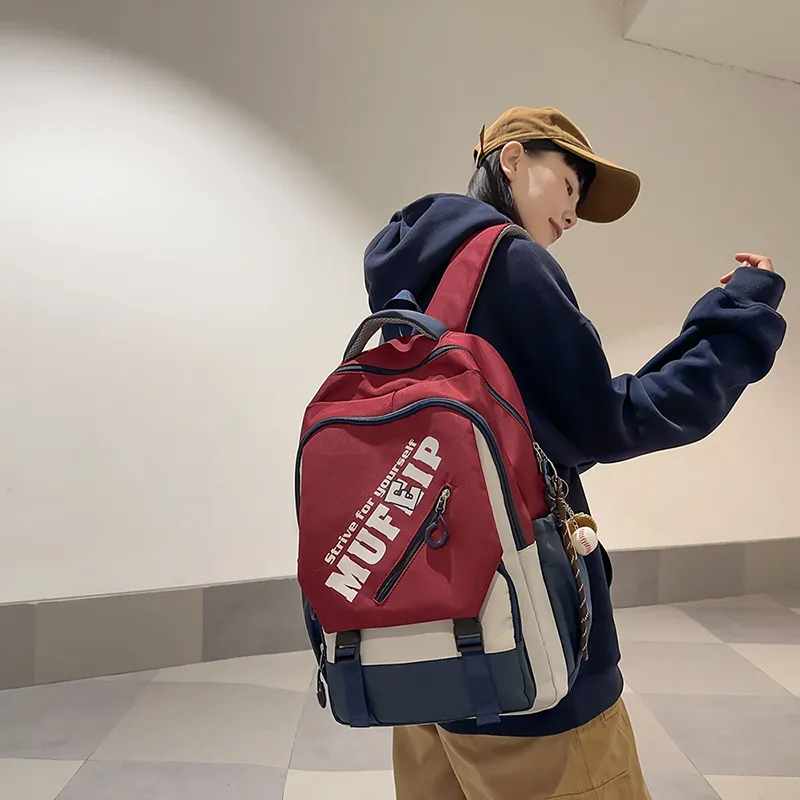 Travel Nylon Backpack Unisex Black/White/Red-19