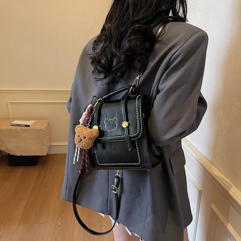 Travel PU Backpack Regular Women's Black/Ecru/Coffee/White & Coffee-4