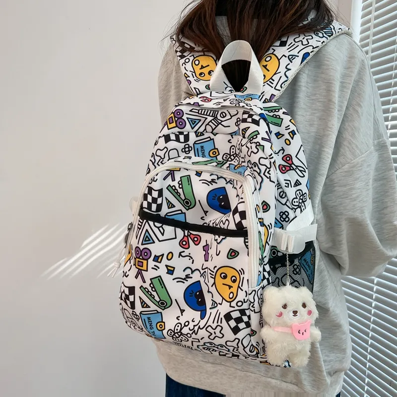 Travel Nylon Backpack Unisex Black White/Multicolor-13