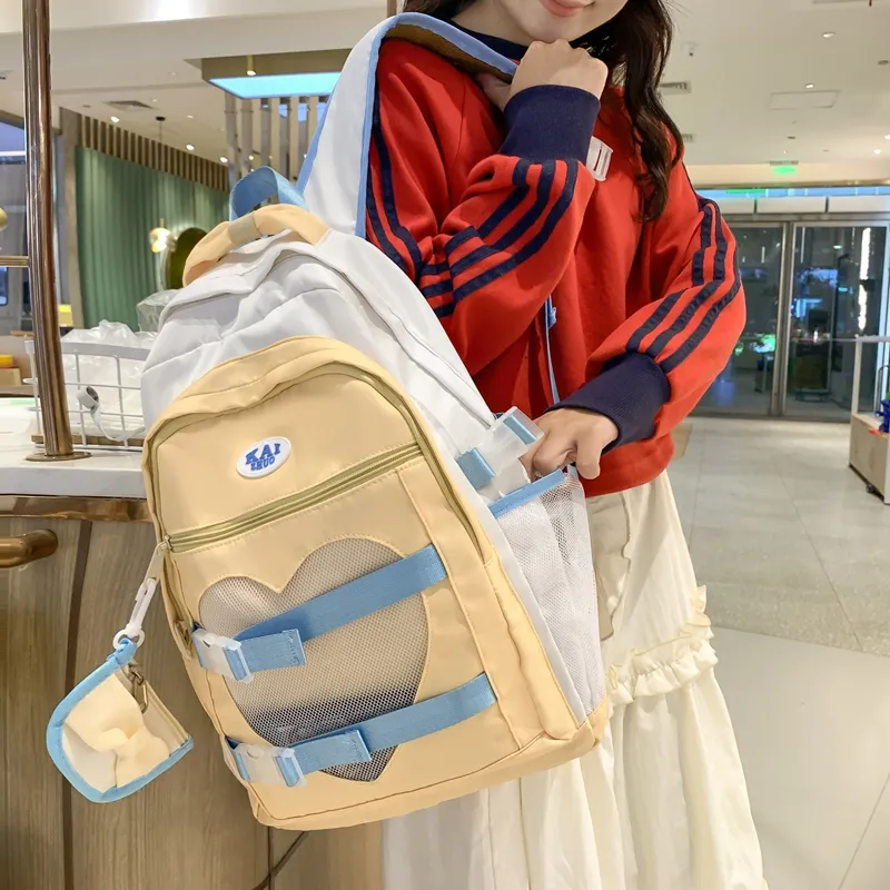 Travel Nylon Backpack Unisex Pink/Beige Yellow-10