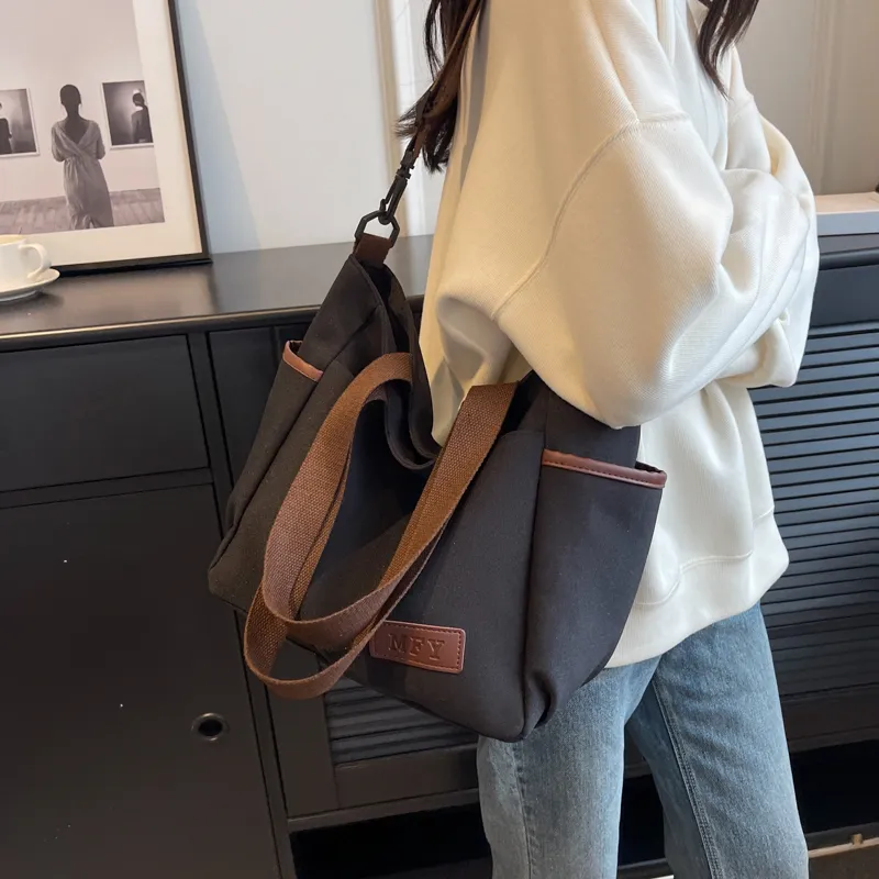 Travel Canvas Crossbody Bag Shoulder Bag Regular Women's Black/Ecru/Khaki-4