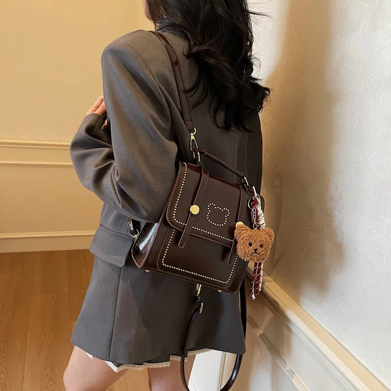 Travel PU Backpack Regular Women's Black/Ecru/Coffee/White & Coffee-16
